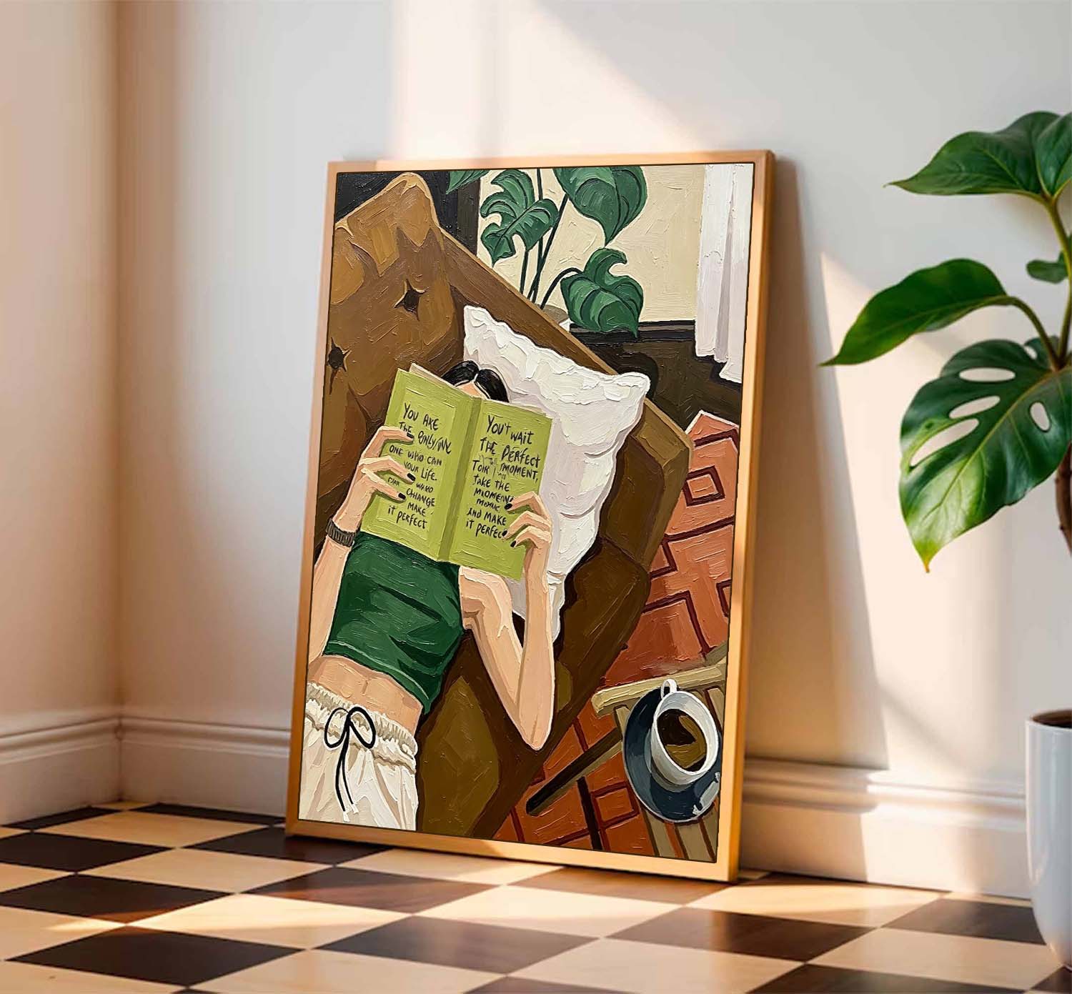 Textured Oil Painting Girl Reading Book with Quote, Modern Impasto Wall Art