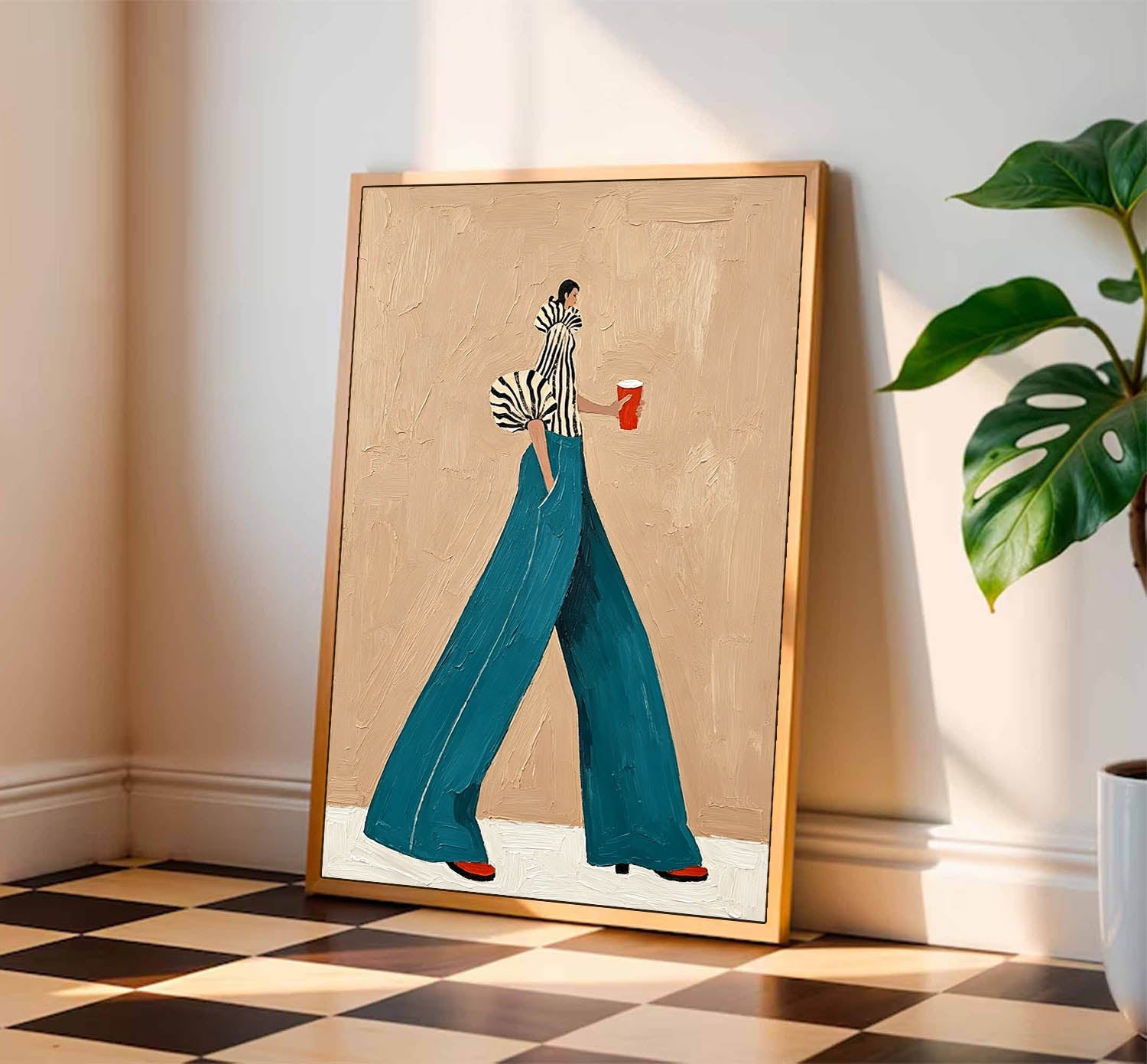Modern Fashion Wall Art–Woman in Striped Top & Teal Pants Canvas Painting–Stylish Canvas Artwork