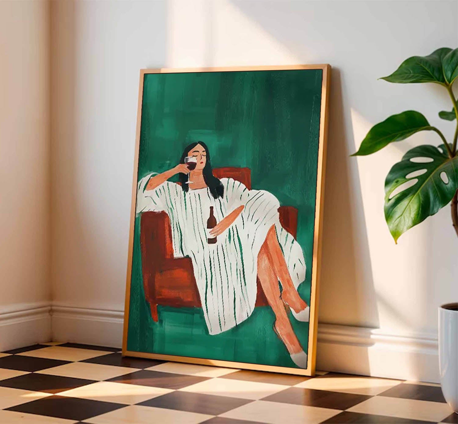 Modern Abstract Woman Lying on Sofa Art, Hand-Painted Green & White Stripes Decor