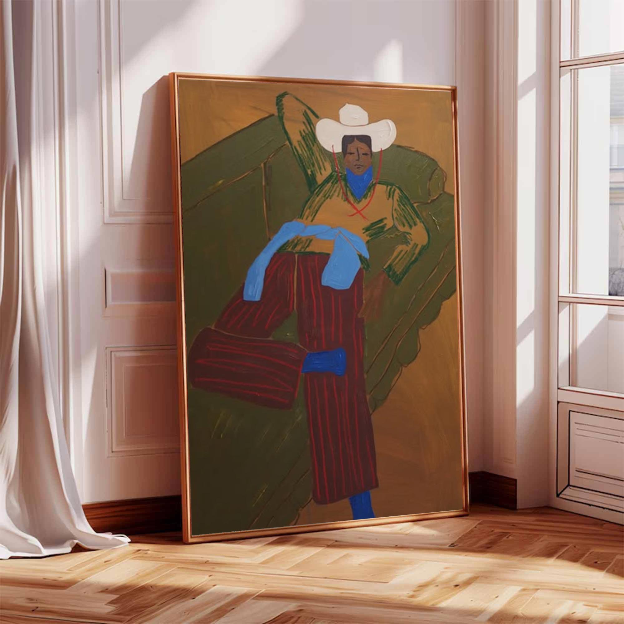 Retro Cowboy Portrait Art Painting contemporary Quirky Male Figure Decor