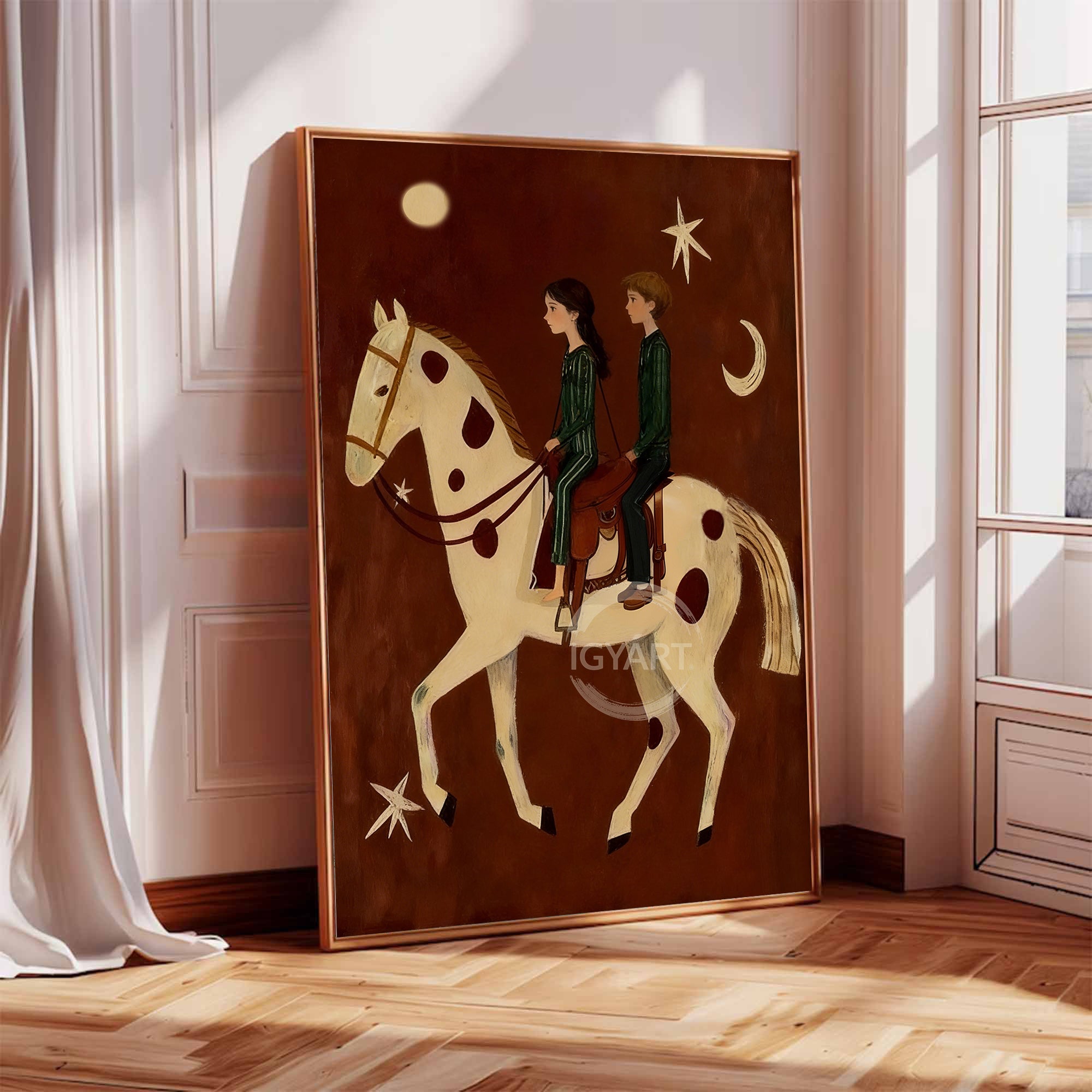 Mid-century Modern Folk Art Boho Wall Art Equestrian Oil Painting