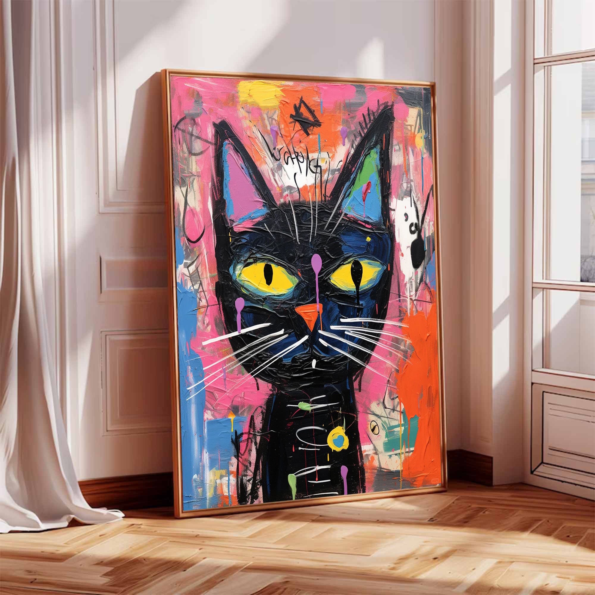 Colorful Pop Art Cat Canvas Modern Street Art Cat Urban Art Cat Decor