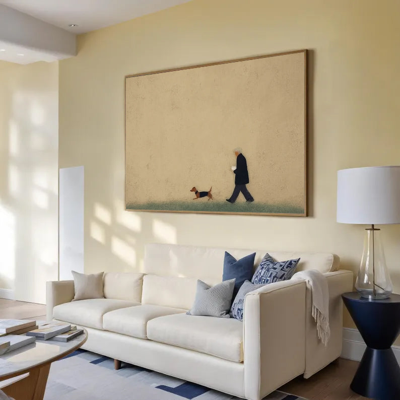 Man and Puppy Walking oil Painting Beige Minimalist Wall Art
