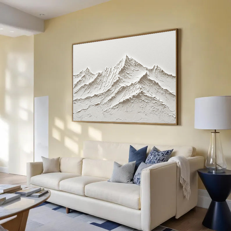 3D White Mountain Plaster Art, Textured Snow Mountain Canvas Painting,Modern Impasto Office Decor