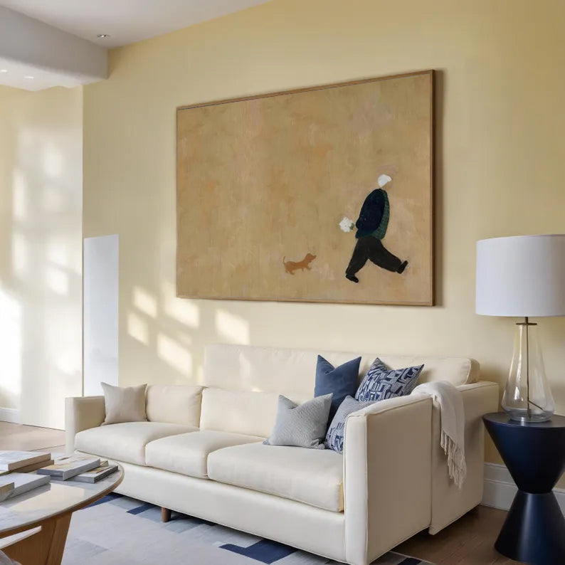 Man and Puppy Walking oil Painting Beige Minimalist Wall Art
