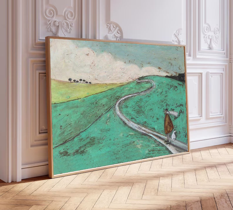 Modern Landscape Oil Painting, Whimsical Man and Dog on Winding Road, Minimalist Green Nature Wall Art