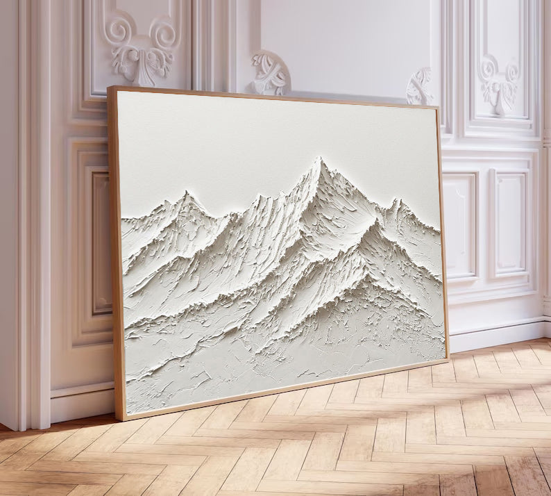 3D White Mountain Plaster Art, Textured Snow Mountain Canvas Painting,Modern Impasto Office Decor