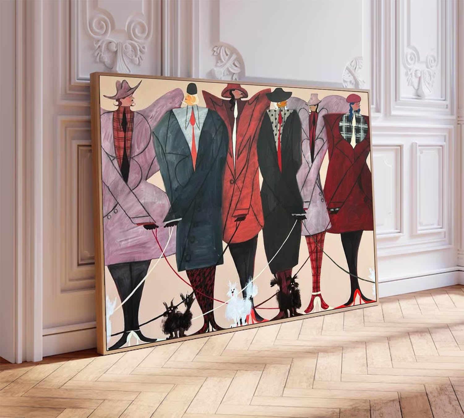 Haute Couture Figures with Poodles Oil Painting - Hand-Painted Fashion Wall Art