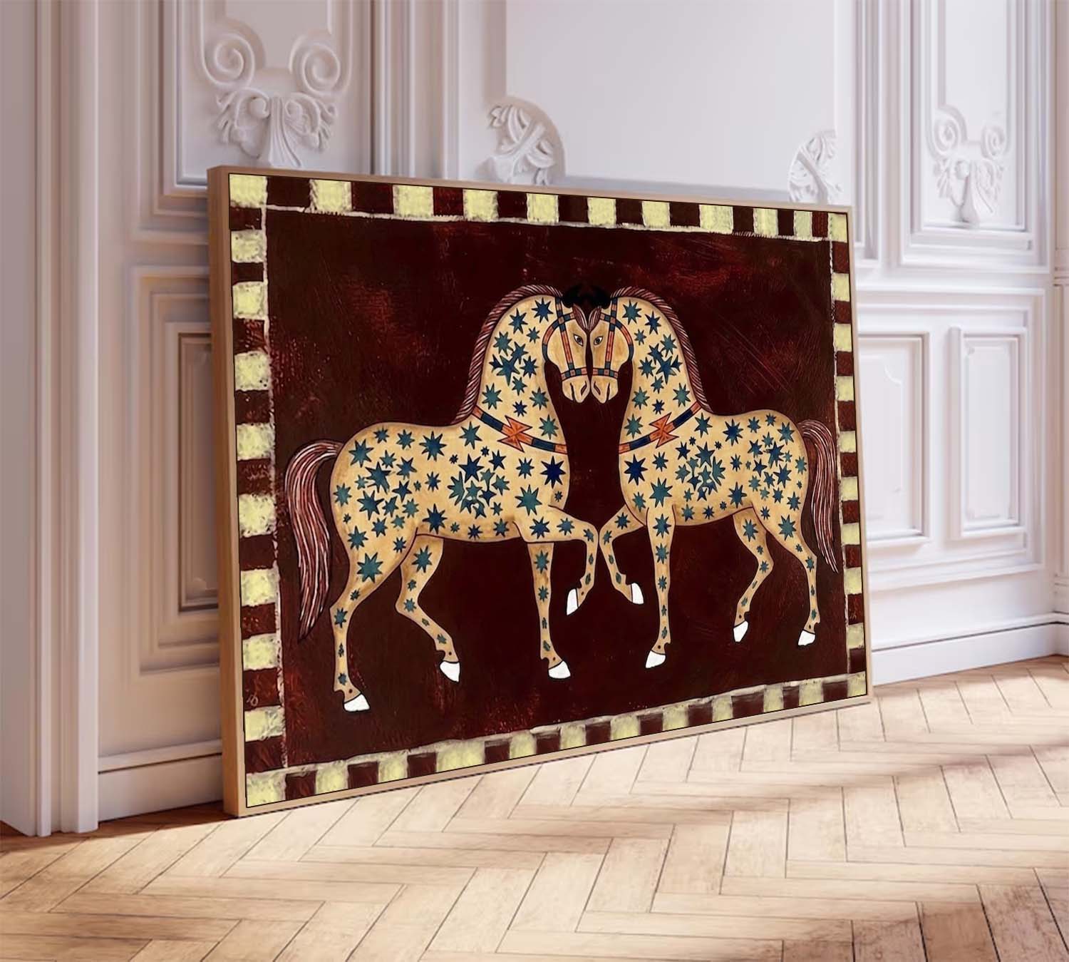Mid-Century Modern Twin Horses Painting - Minimalist Ethnic Style Double Horse Painting