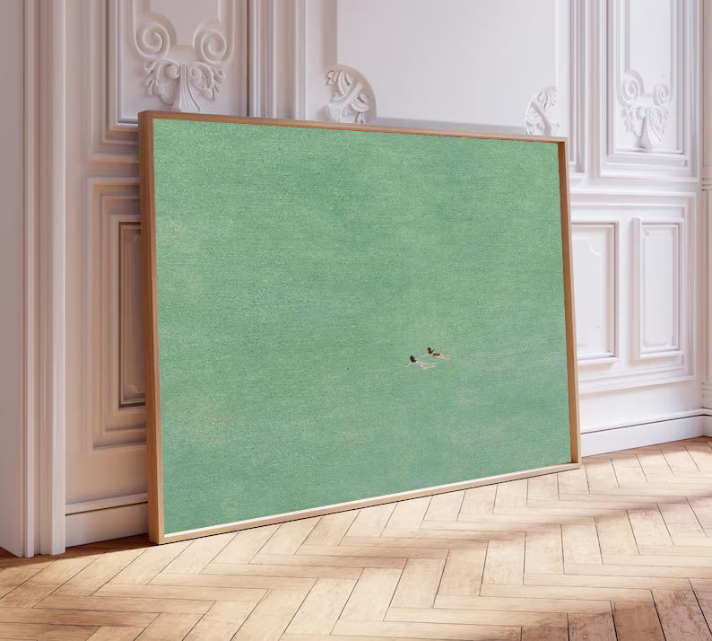 green abstract art two girls swimming painting green texture wall art