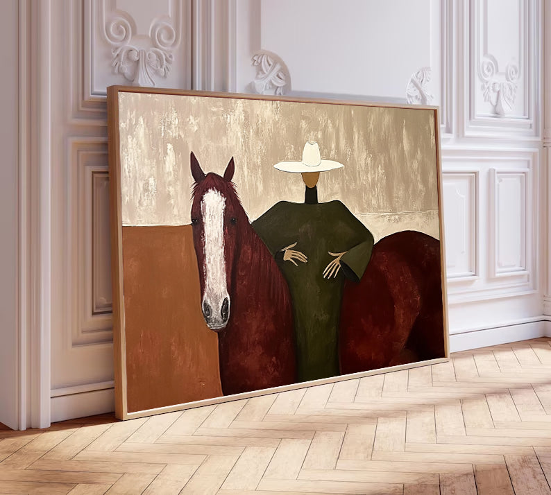 Modern Woman and Horse Painting Wabi-sabi Luxury Living Room Decor
