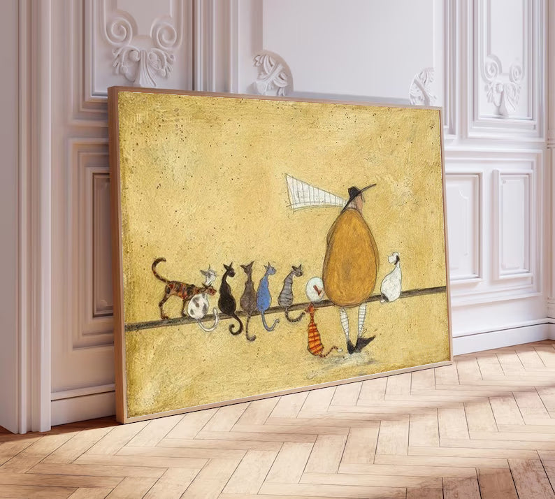 Hand painted cat wall art cat lover gift whimsical cat  painting retro cat illustration