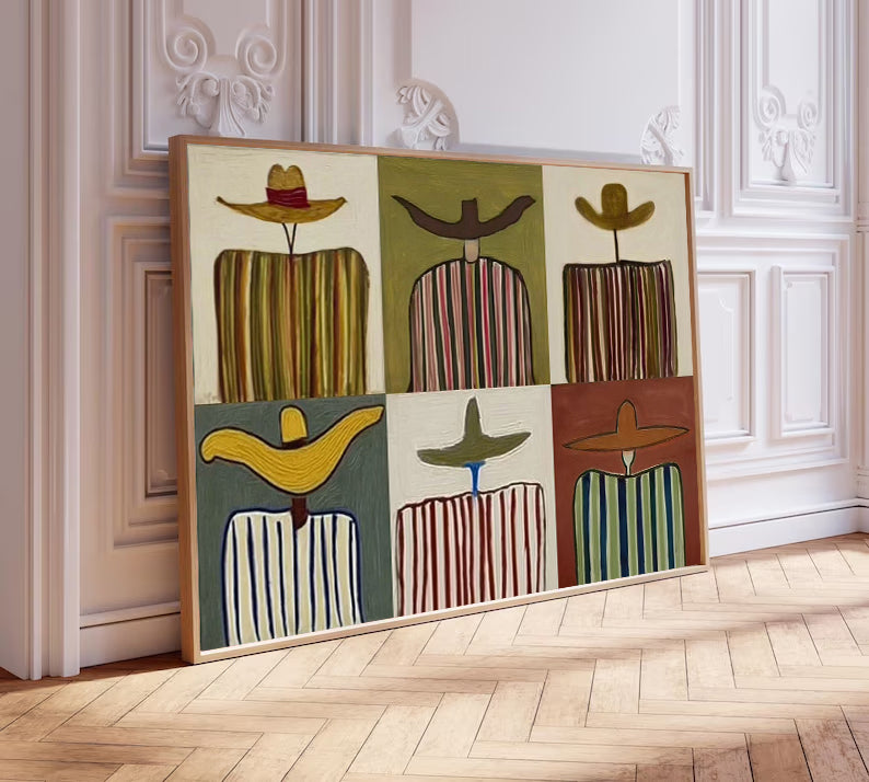 Modern Abstract Grid Oil Painting - Multi-Panel Style Hand-Painted Figures in Hats