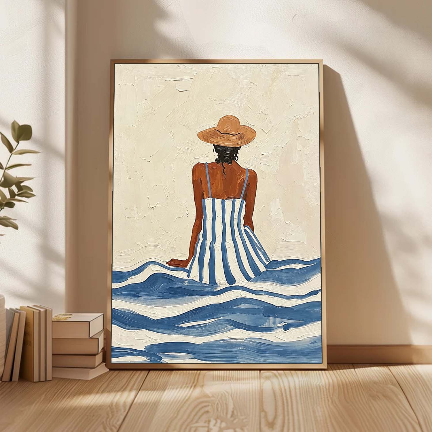 Summer Beach Wall Art – Woman Canvas Painting Coastal Canvas Artwork for Living Room