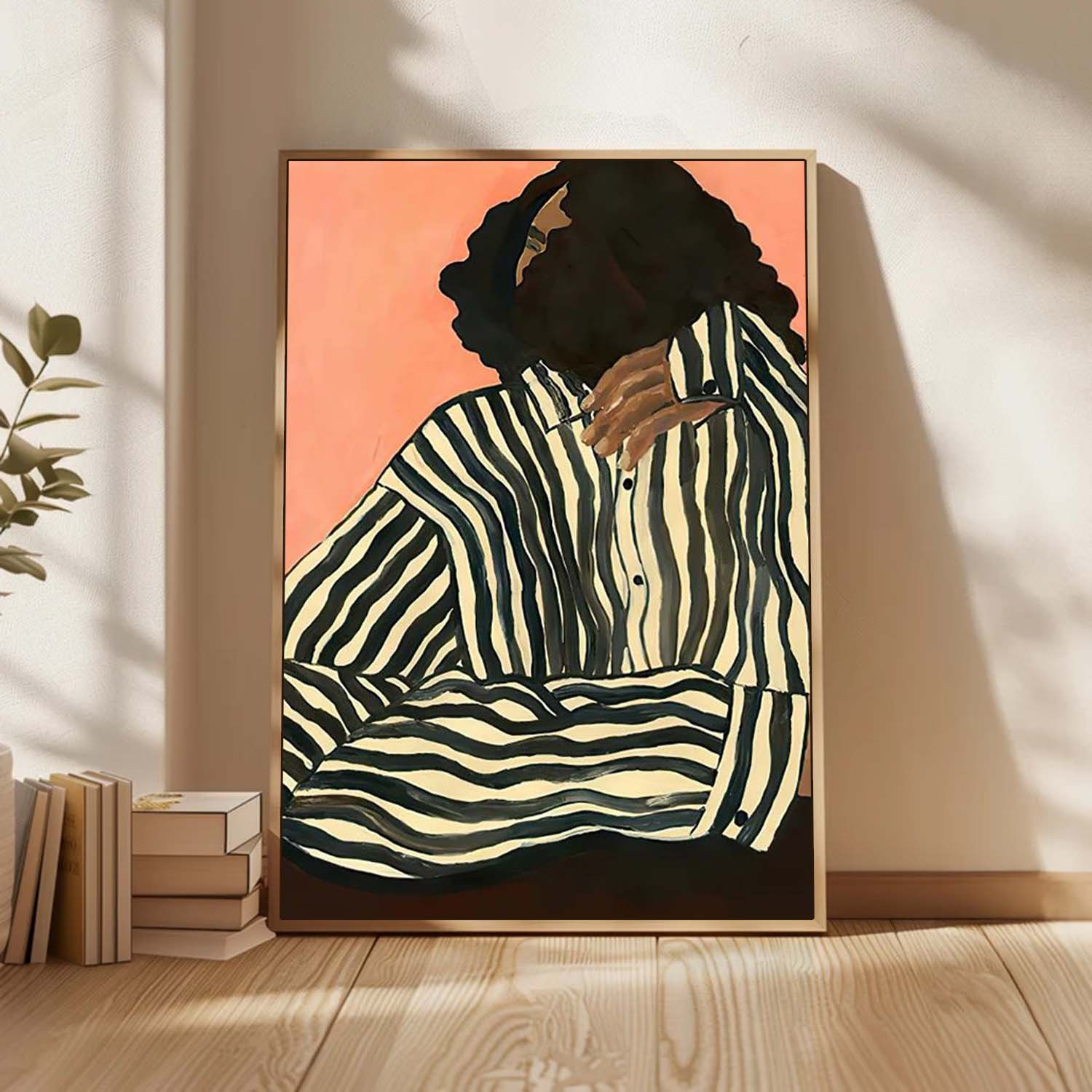 Chic Abstract Canvas Painting – Woman in Striped Shirt – Minimalist Modern Wall Art for Home