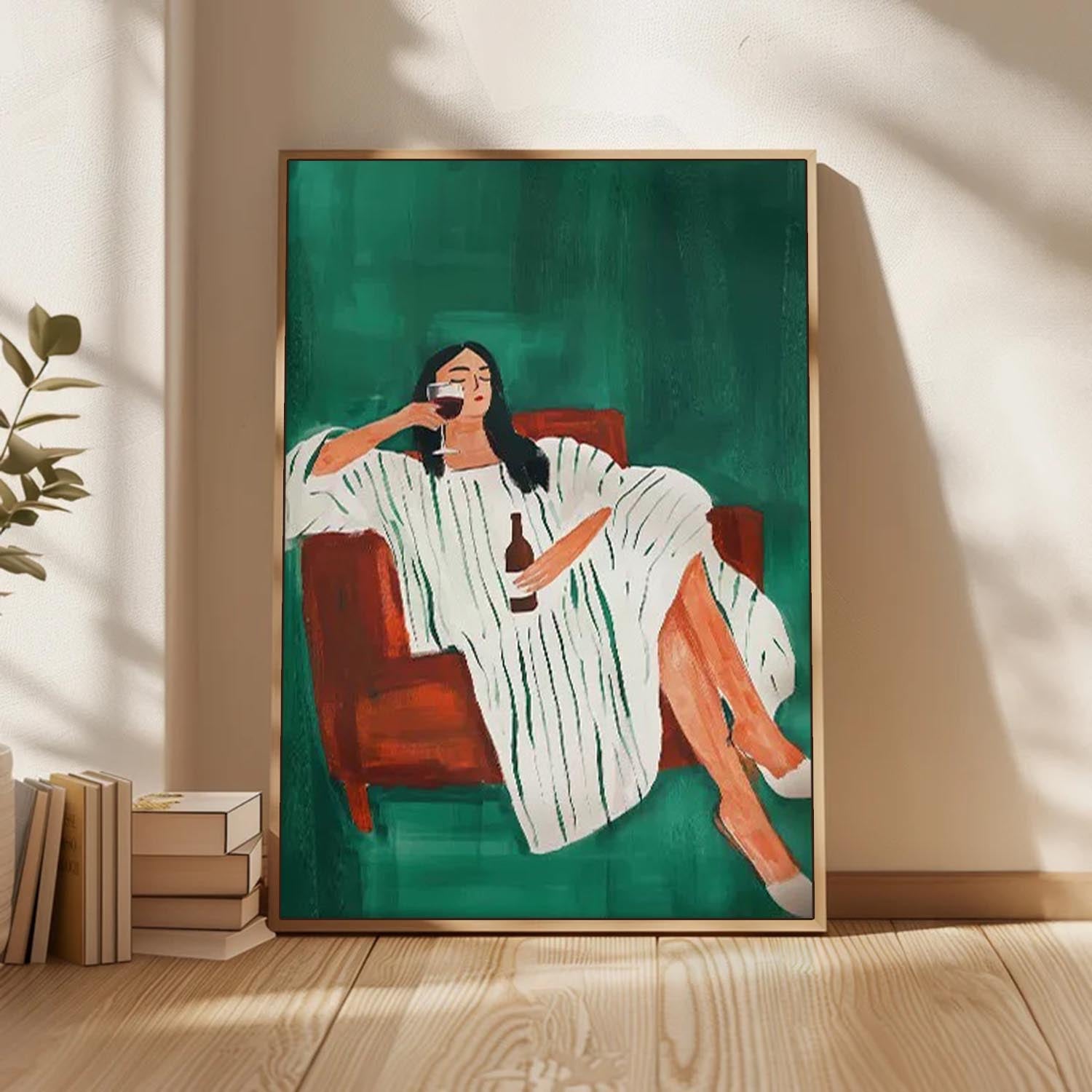 Modern Abstract Woman Lying on Sofa Art, Hand-Painted Green & White Stripes Decor