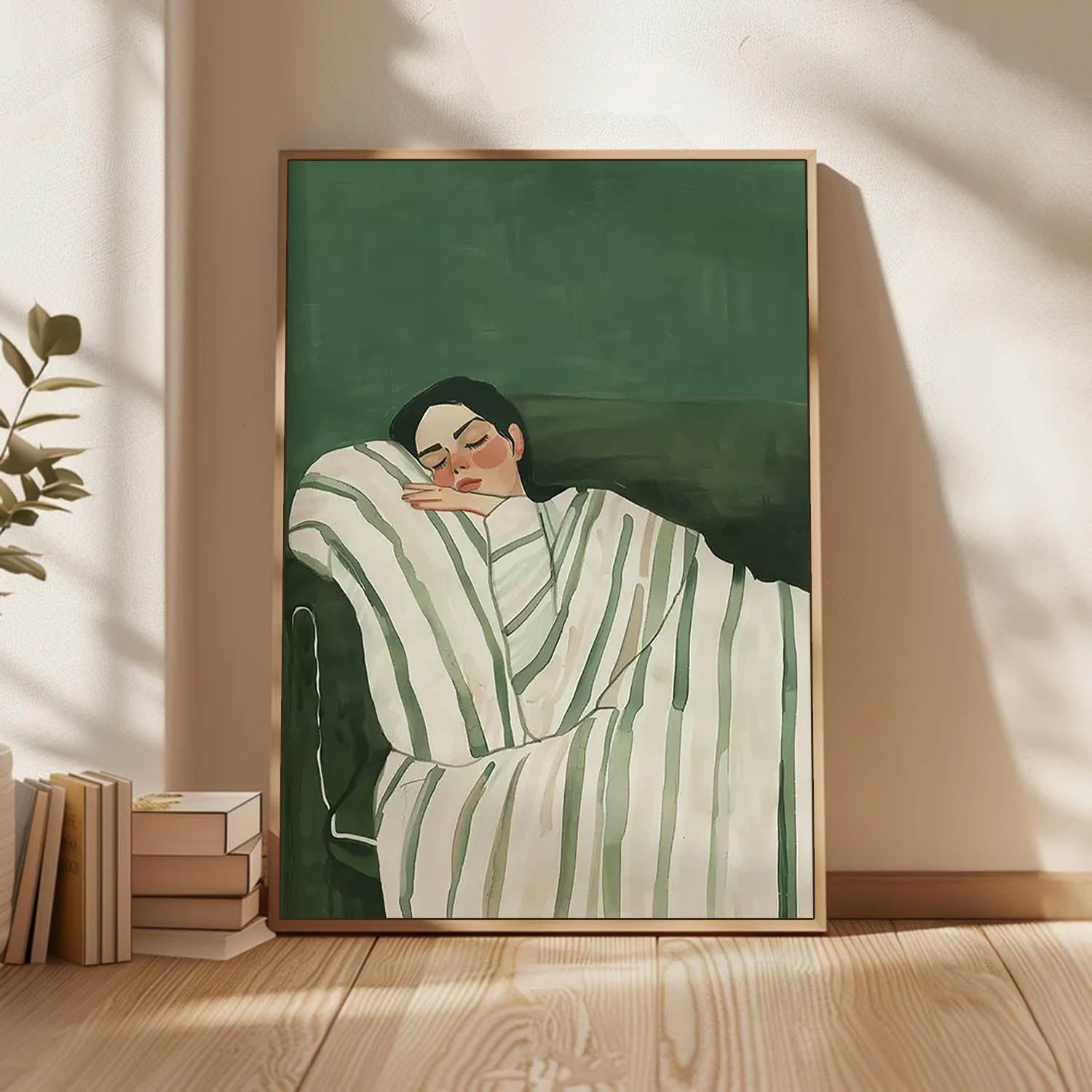 Mid-century Modern Sleeping Girl Oil Painting, Minimalist Green Wall Art