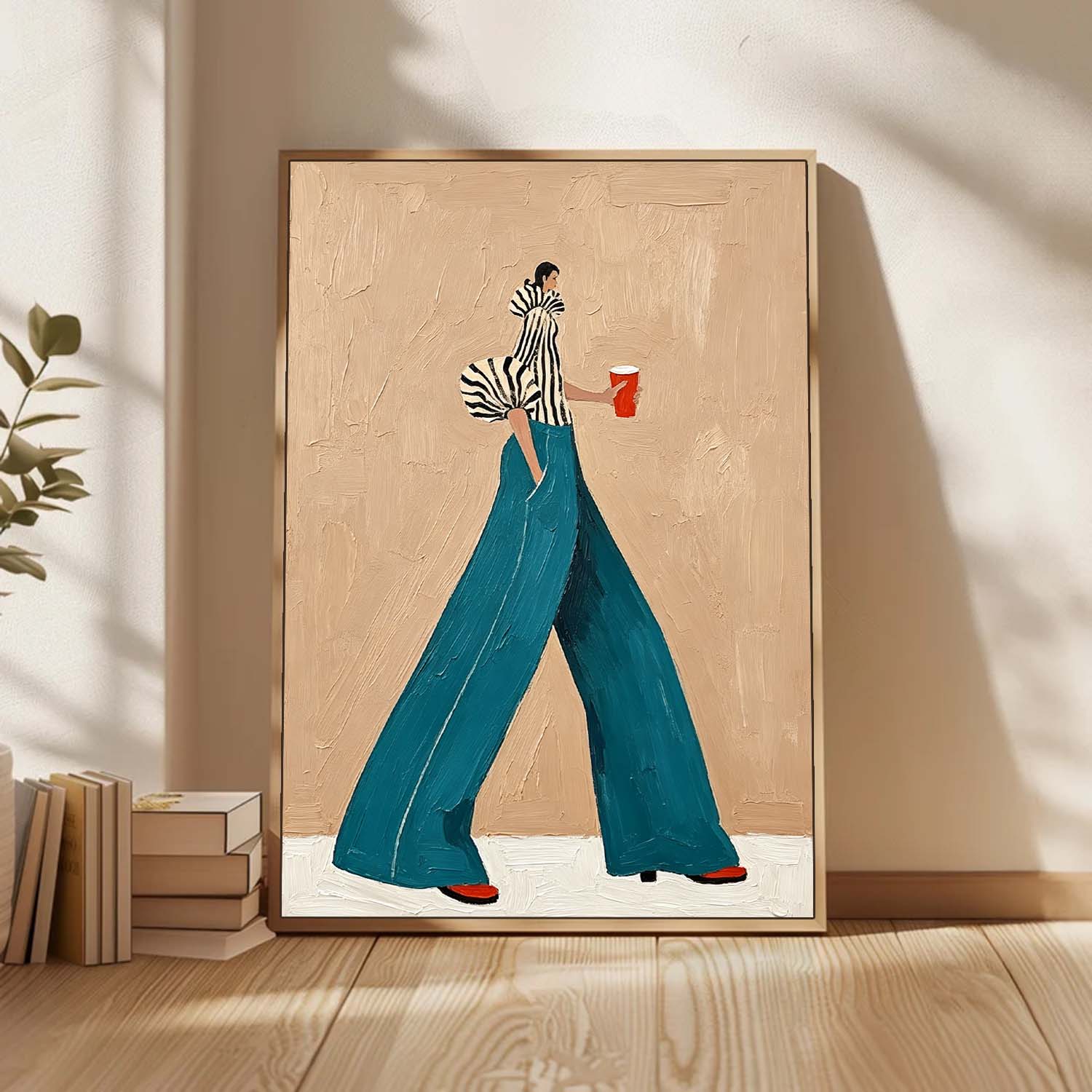Modern Fashion Wall Art–Woman in Striped Top & Teal Pants Canvas Painting–Stylish Canvas Artwork
