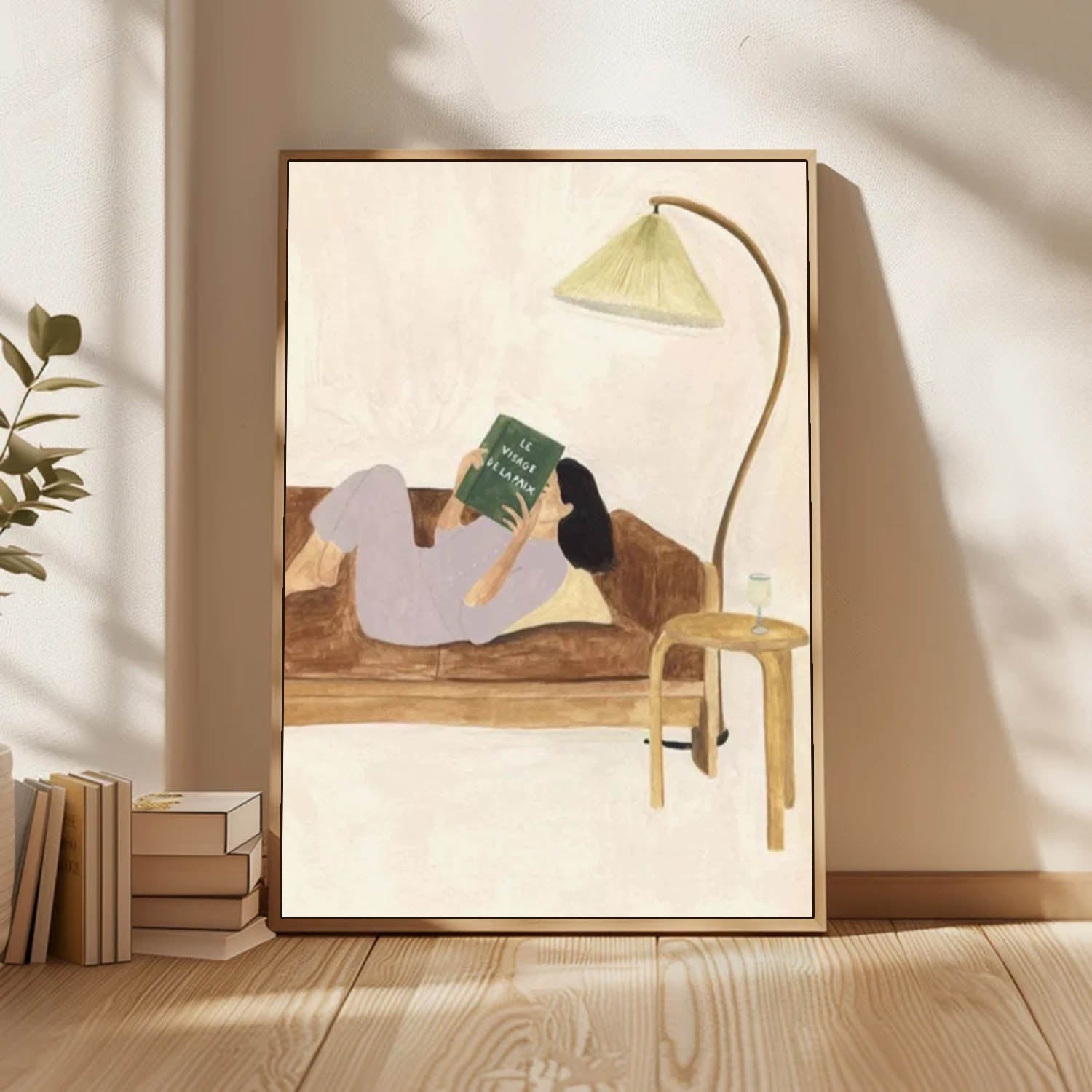 Modern Figurative Canvas Decor, Aesthetic Woman on Sofa, Neutral Tone Art