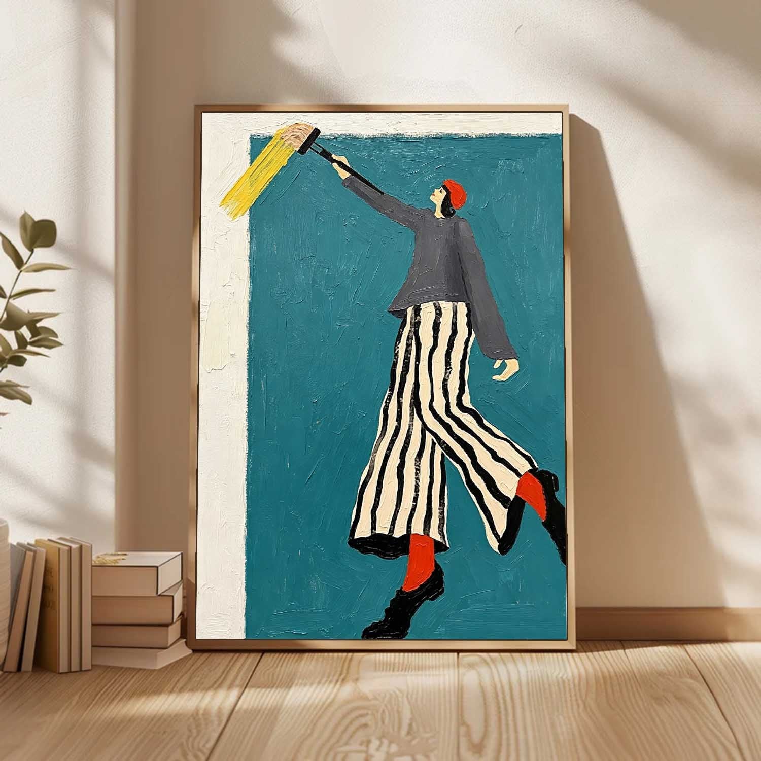 Modern Fashion Wall Art – Woman in Striped Skirt & Red Socks Canvas Painting – Chic Minimalist Home Decor, Stylish Canvas Artwork