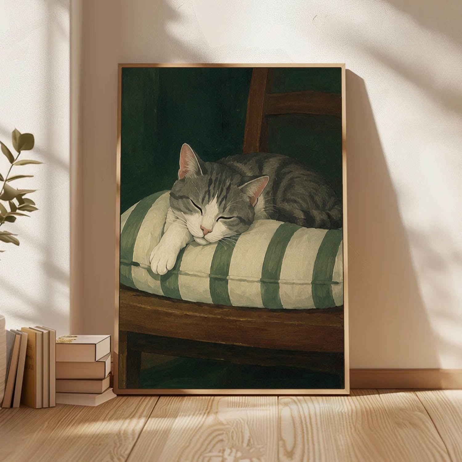 Mid-century Modern Sleeping Cat Oil Painting Modern Wabi-Sabi Style Pet Portrait art