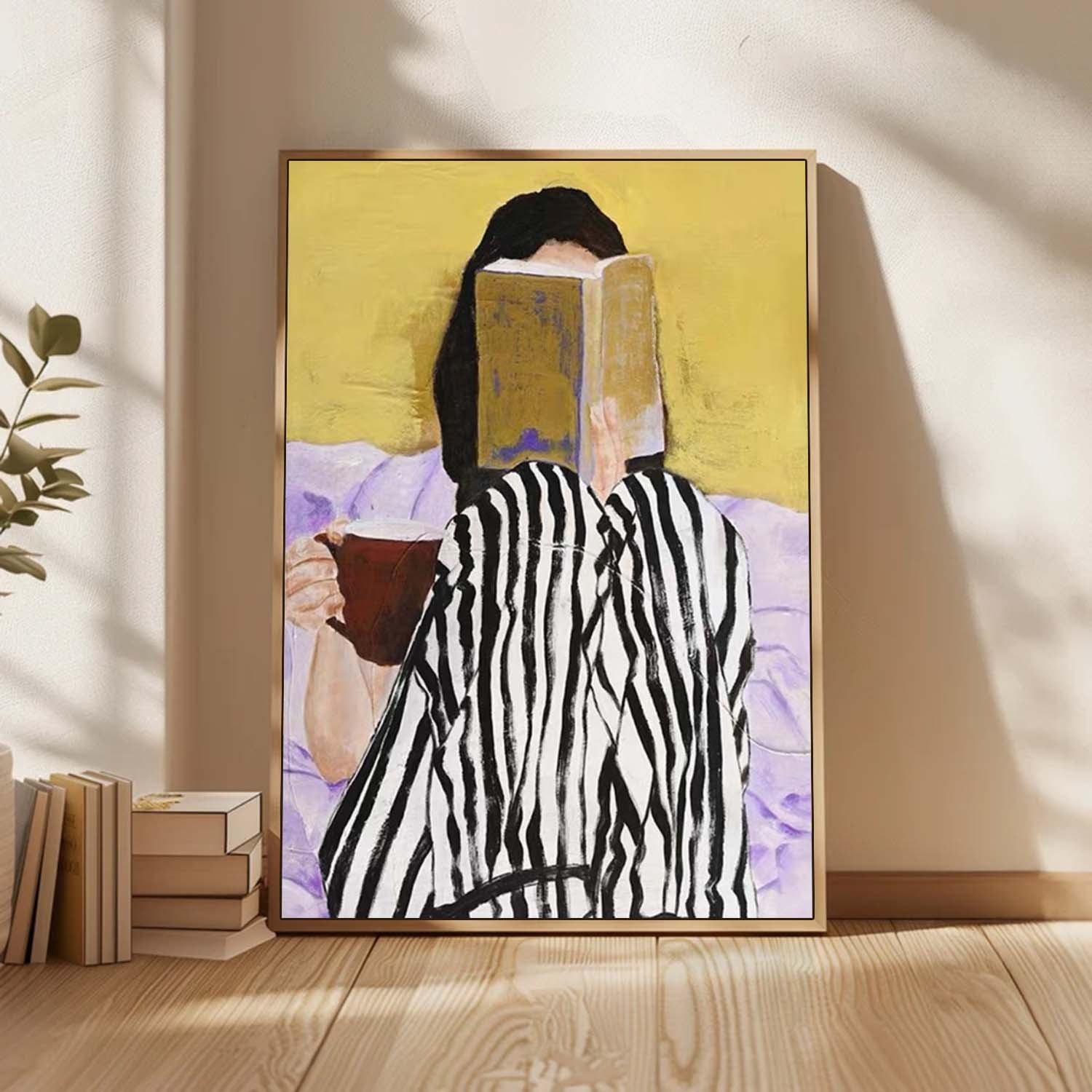 Modern Girl Reading Oil Painting, Black and White Striped Art, Yellow Wall Decor