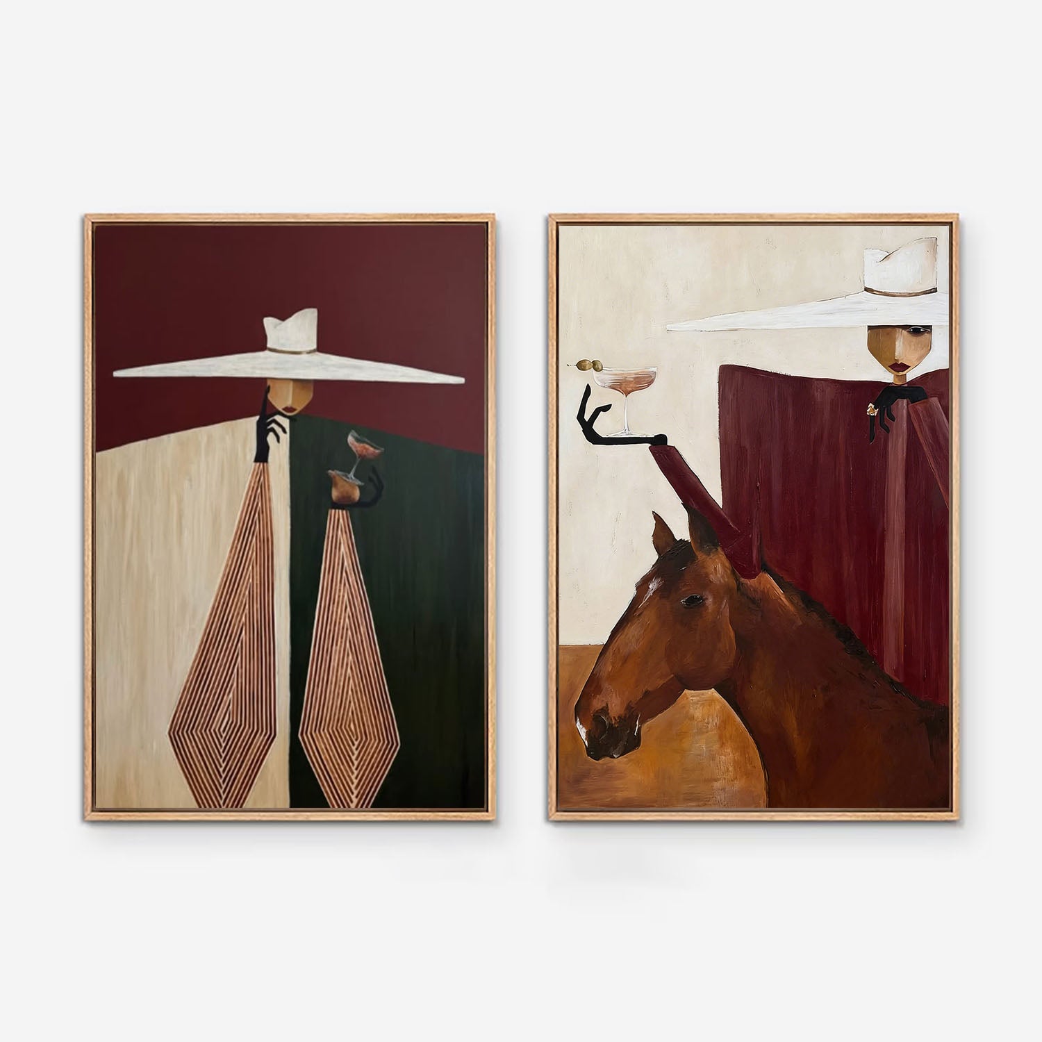 Mid-Century Modern Minimalist Figurative Oil Painting - Sophisticated Lady with Horse Canvas Wall Art