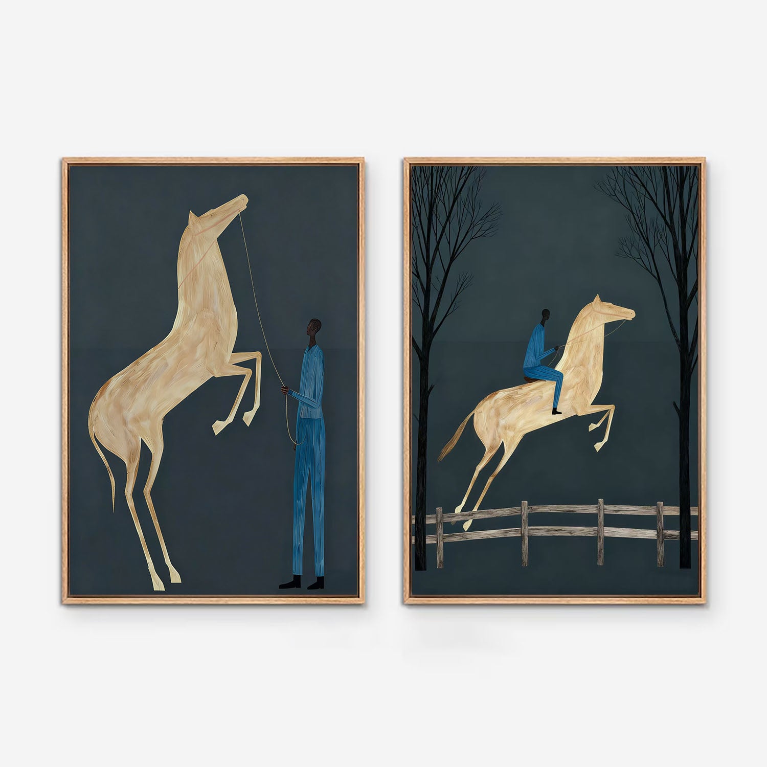 Modern Minimalist Equestrian Oil Painting Set - Deep Teal Horse Wall Art  for Living Room