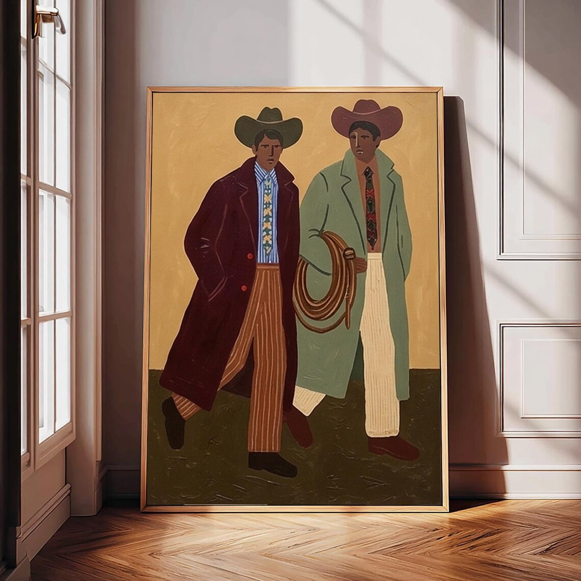 Abstract Cowboys Art , Mid-Century Modern Two Men Walking Painting, Earth Tone Boho Wall art