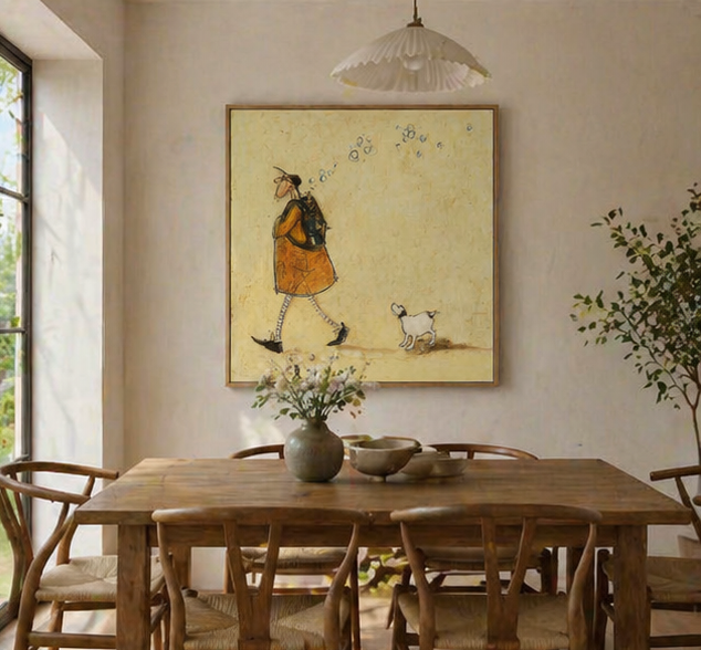 Man Walking with and Dog Earthy Tones Minimalist Character & Animals Oil Painting