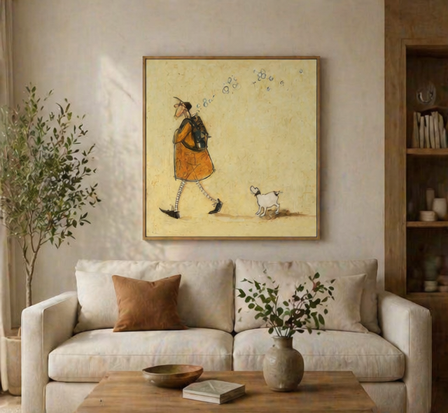 Man Walking with and Dog Earthy Tones Minimalist Character & Animals Oil Painting
