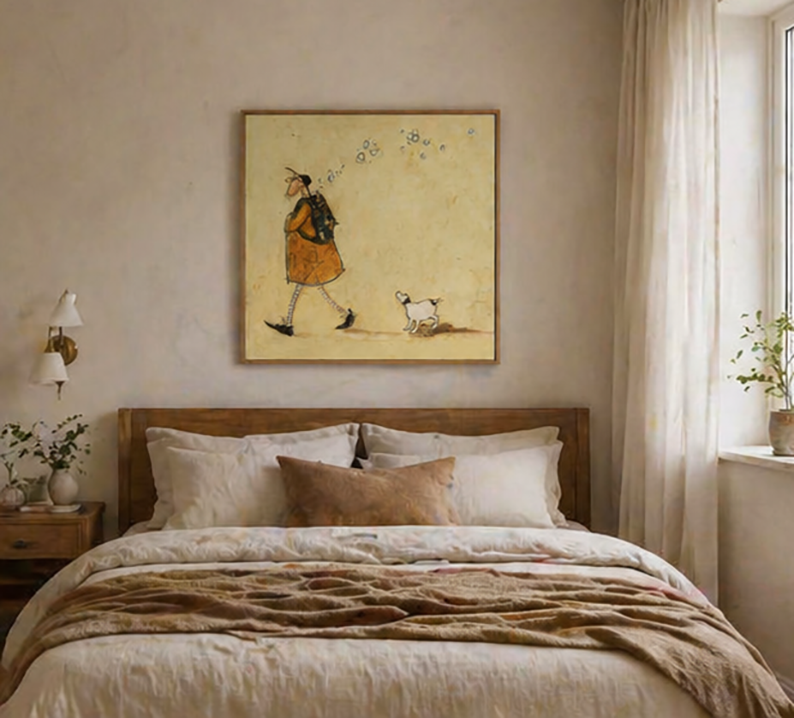 Man Walking with and Dog Earthy Tones Minimalist Character & Animals Oil Painting