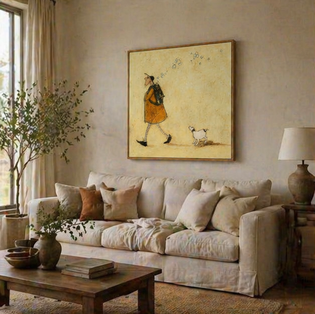Man Walking with and Dog Earthy Tones Minimalist Character & Animals Oil Painting