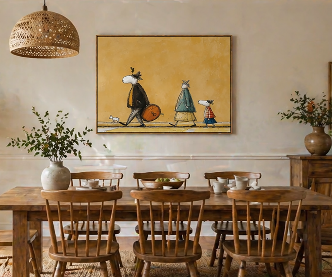 Hand-Painted Whimsical Parade - Retro Character & Dog Oil Painting for Modern Home Decor