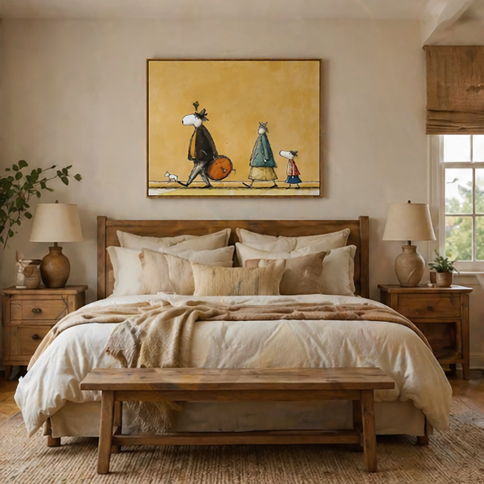 Hand-Painted Whimsical Parade - Retro Character & Dog Oil Painting for Modern Home Decor