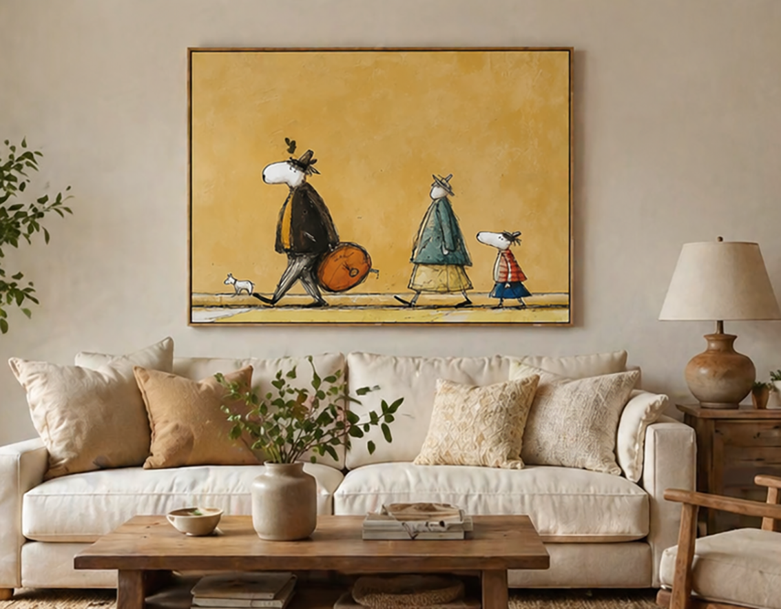 Hand-Painted Whimsical Parade - Retro Character & Dog Oil Painting for Modern Home Decor