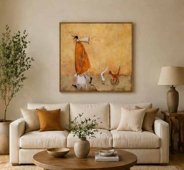 Earthy Tones Minimalist Character & Animals Oil Painting - Man Walking with Cat, and Dog