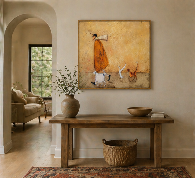 Earthy Tones Minimalist Character & Animals Oil Painting - Man Walking with Cat, and Dog