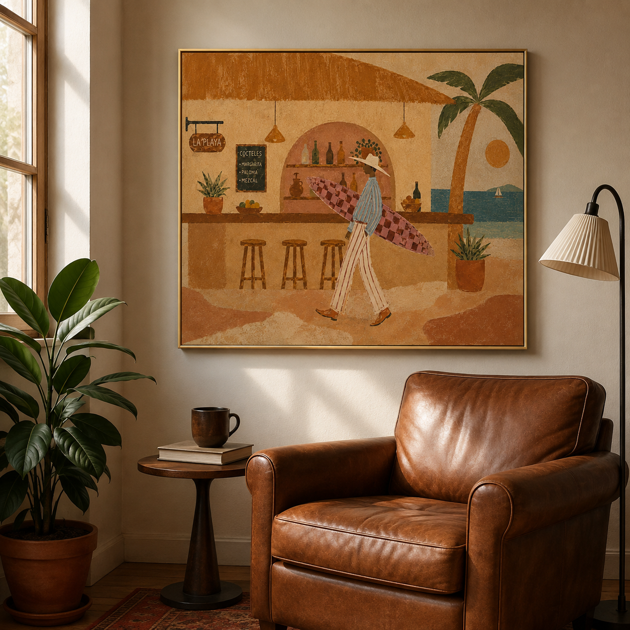 Surfer Man Oil Painting, Beach Bar Wall Art, Retro Coastal Surf Decor Beach House Decor