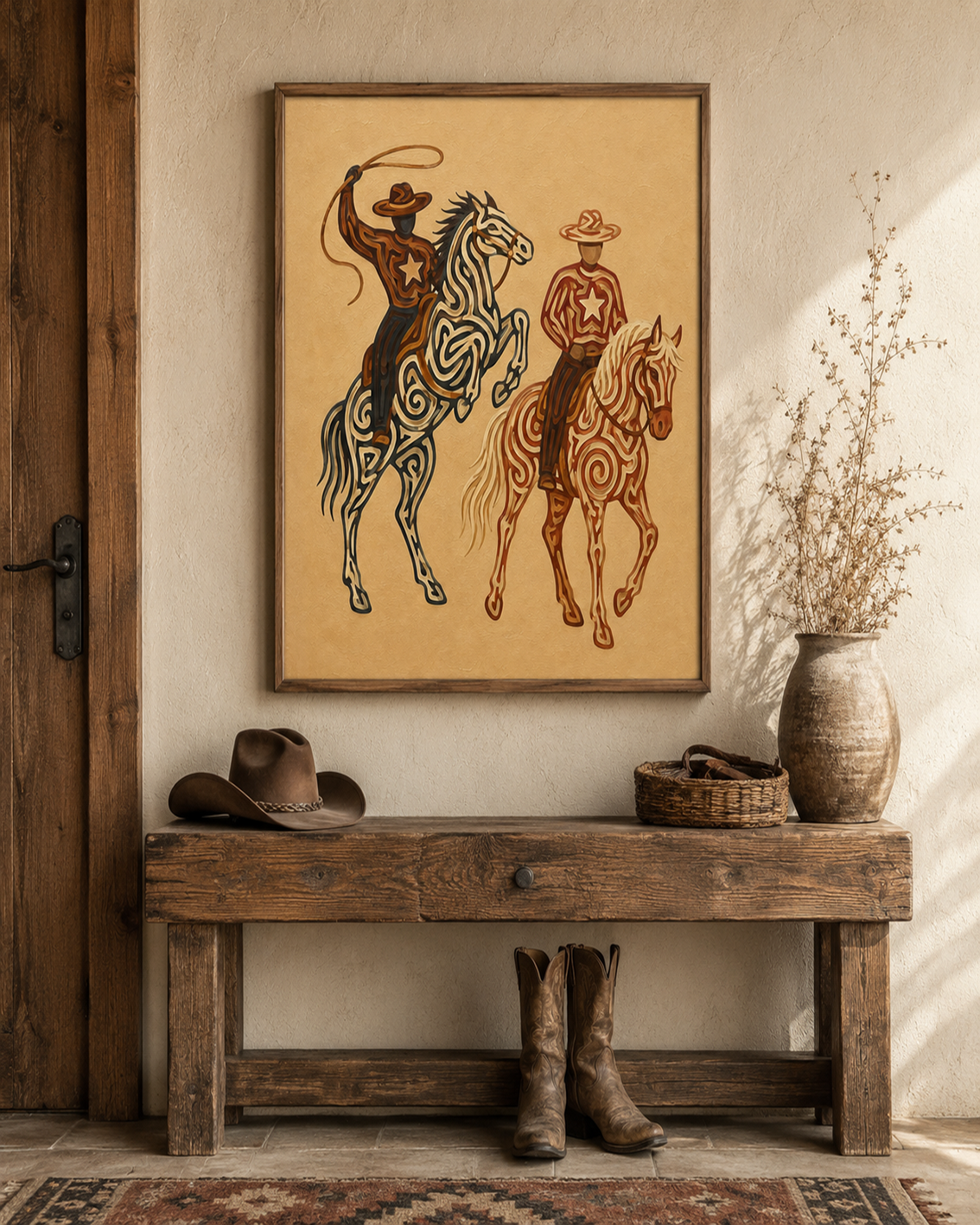 Western Rodeo Cowboys Painting, Horse And Lasso Wall Art, Southwestern Ranch Decor