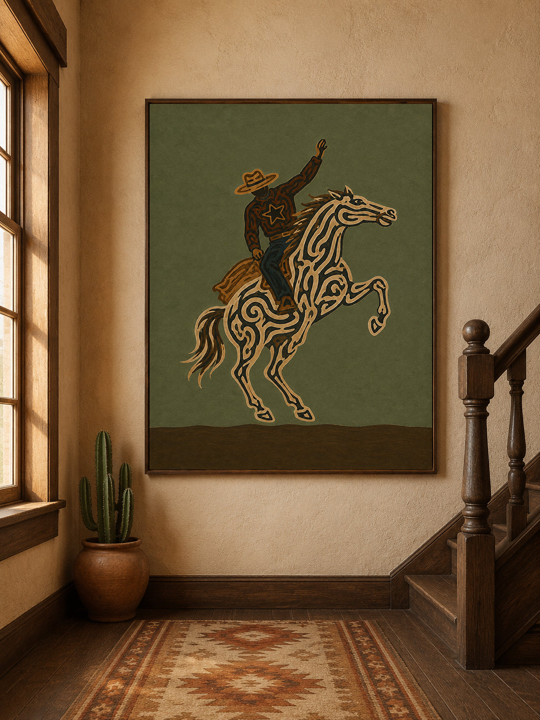 Olive Green Wall Art Dynamic Cowboy Wall Art, Bucking Horse Painting, Wild West Equestrian Decor