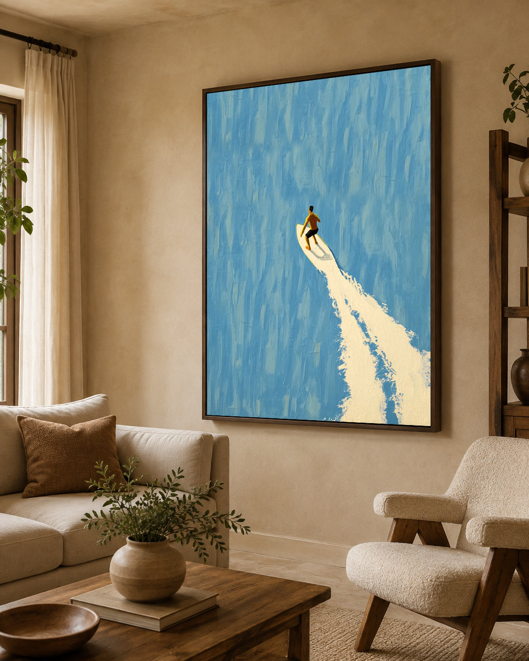 Surfer On Blue Wave Hand-Painted Canvas Art For Modern Beach Decor