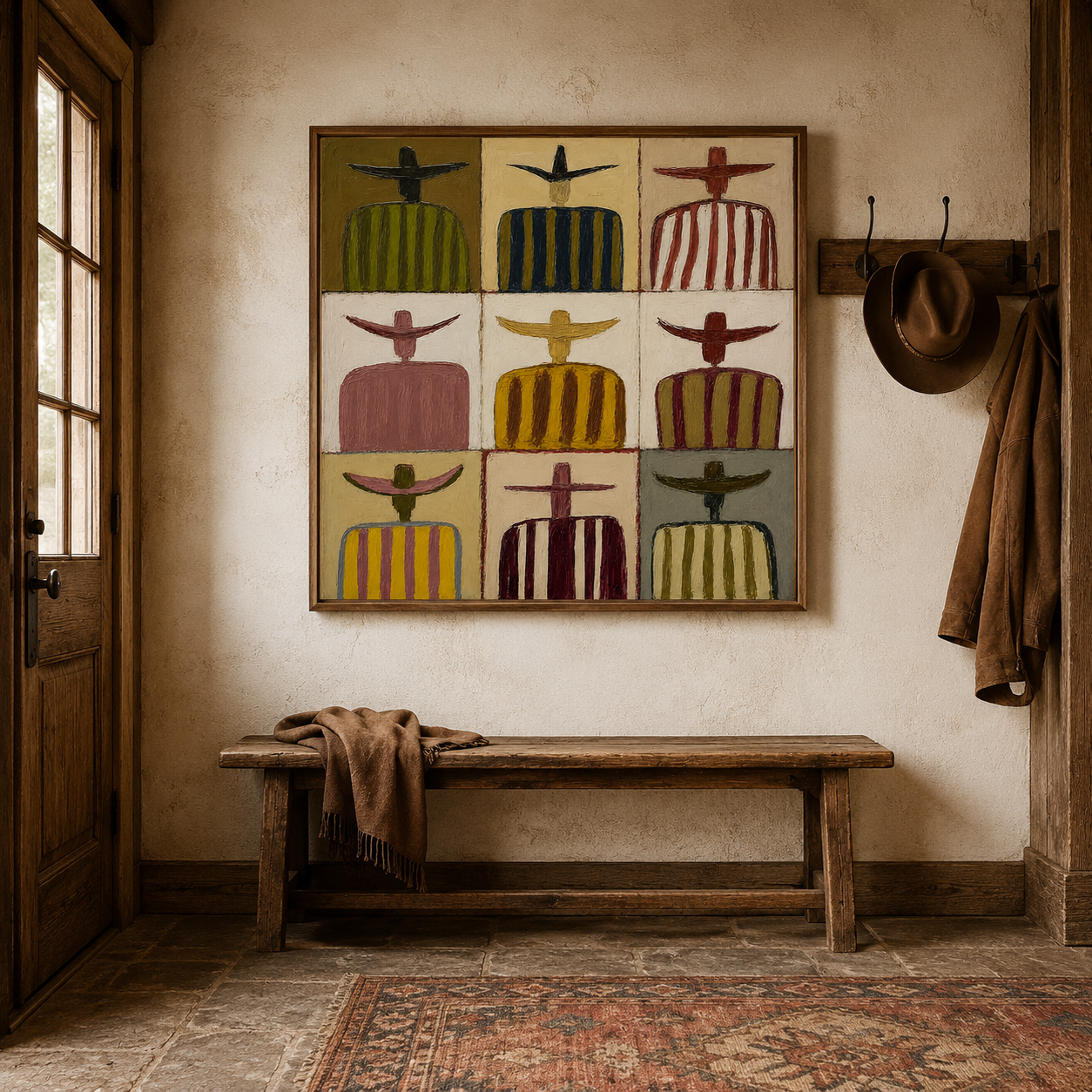 Sombrero Family Portrait Painting In Earthy Tones For Rustic Living Room Decor