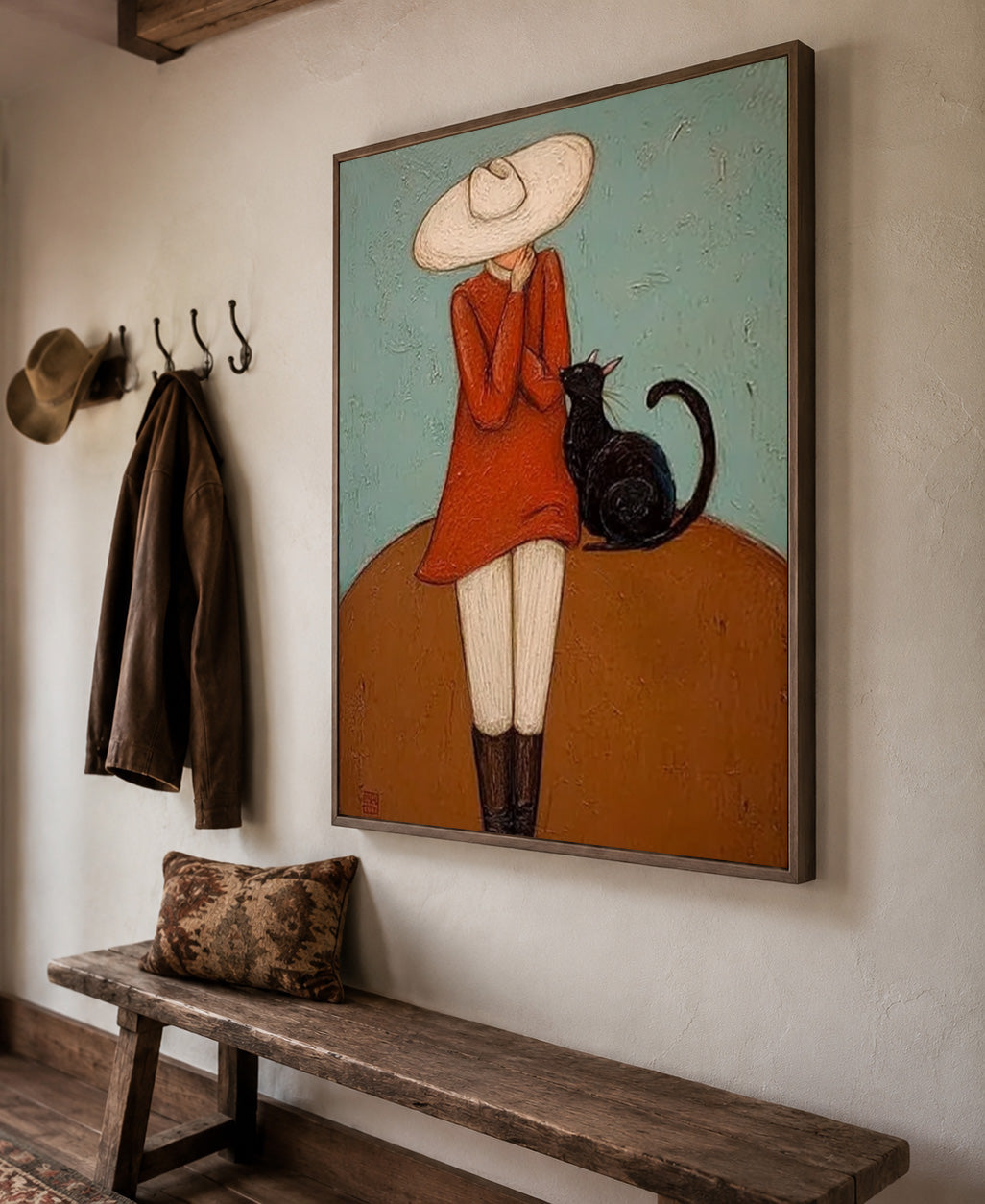 Vintage Lady With Black Cat Painting Textured Wabi Sabi Wall Art For Living Room Decor