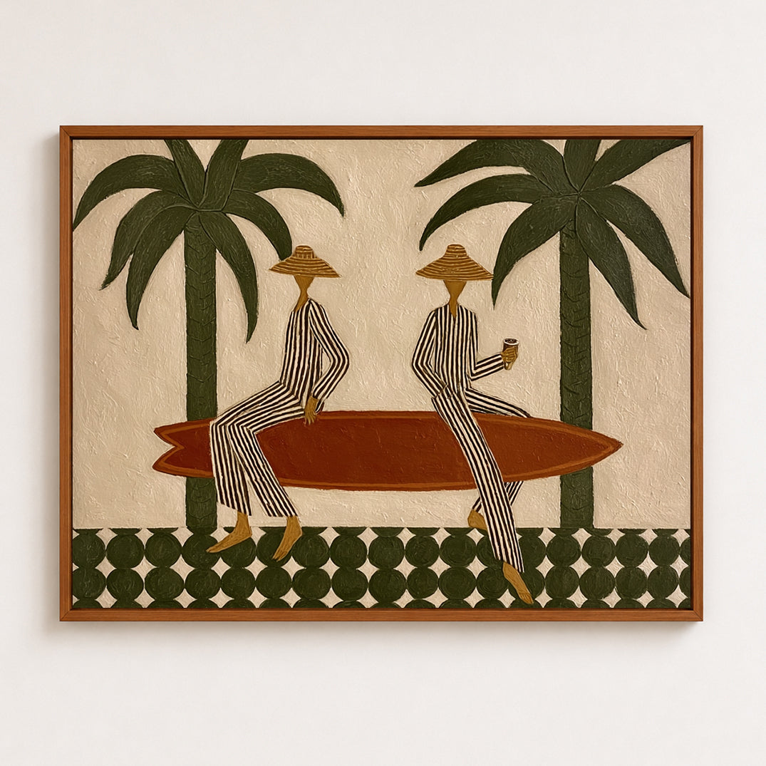 Bohemian Surfboard Wall Art With Green Palm Trees For Coastal Living Room Decor