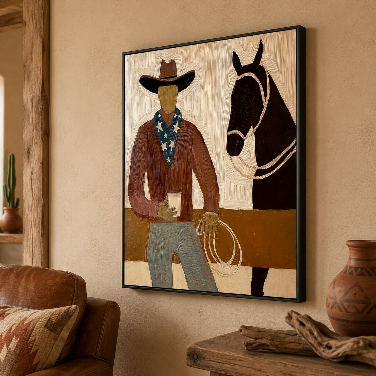 Warm Southwestern Cowboy And Horse Painting For Rustic Living Room Wall Art Decor