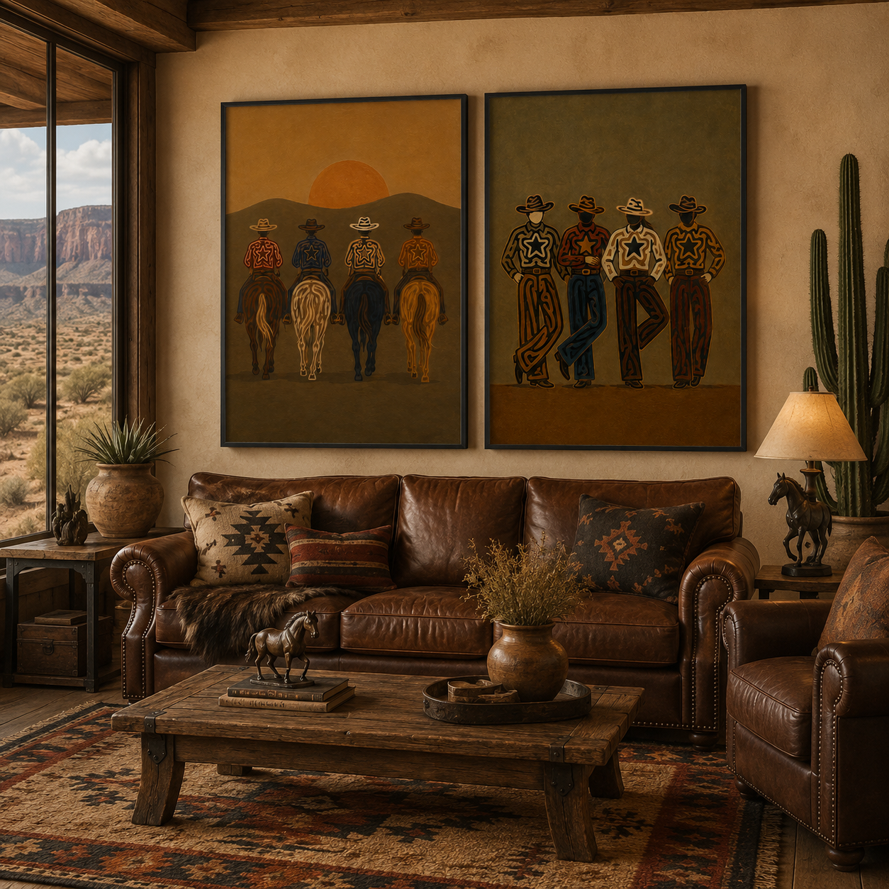 Vintage Sunset Cowboy Group Portrait Wall Art Set Of 2, Western Lifestyle Canvas Painting Vintage Cowboy Gang Decor