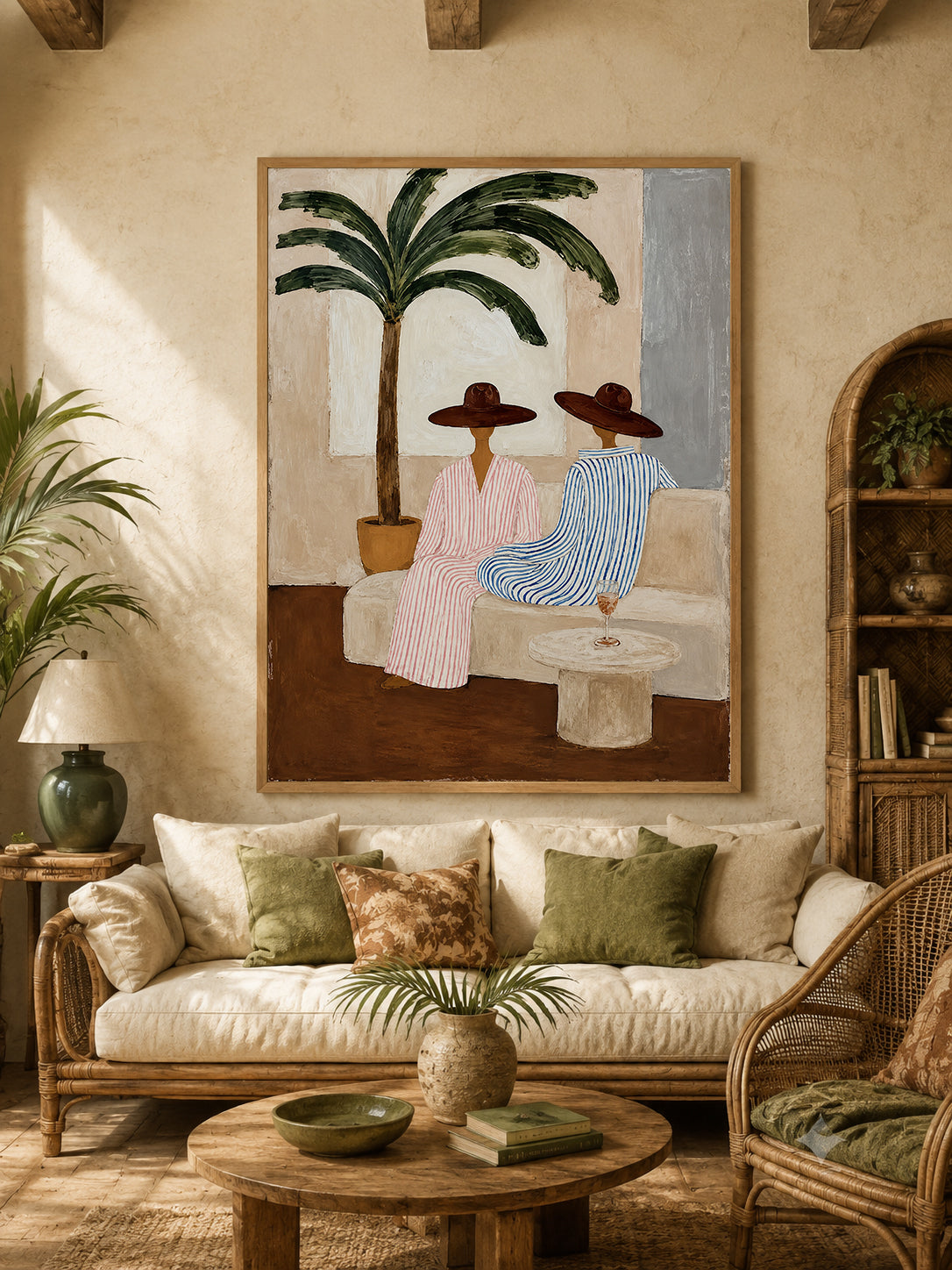 Bohemian Coastal Art With Palm Tree And Striped Figures For Living Room Decor