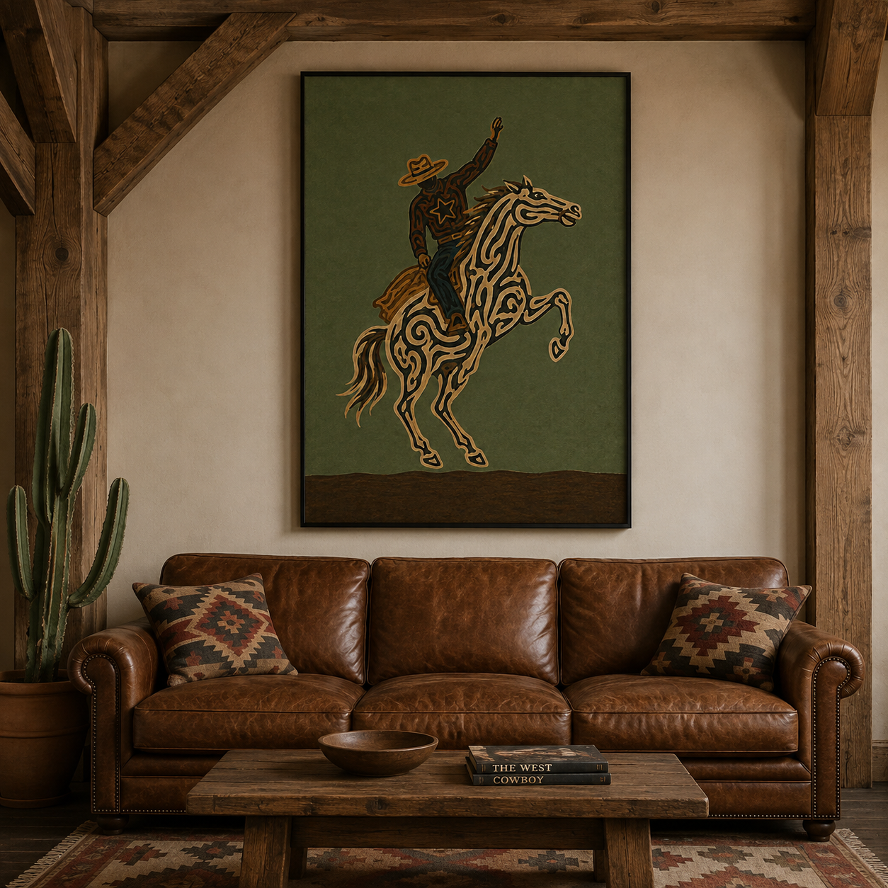 Olive Green Wall Art Dynamic Cowboy Wall Art, Bucking Horse Painting, Wild West Equestrian Decor