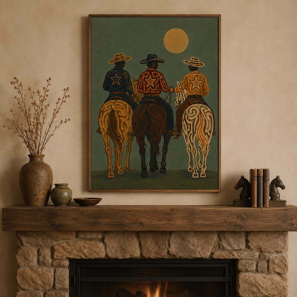 Three Cowboys Painting, Western Horse Riders, Rustic Southwestern Ranch Wall Art
